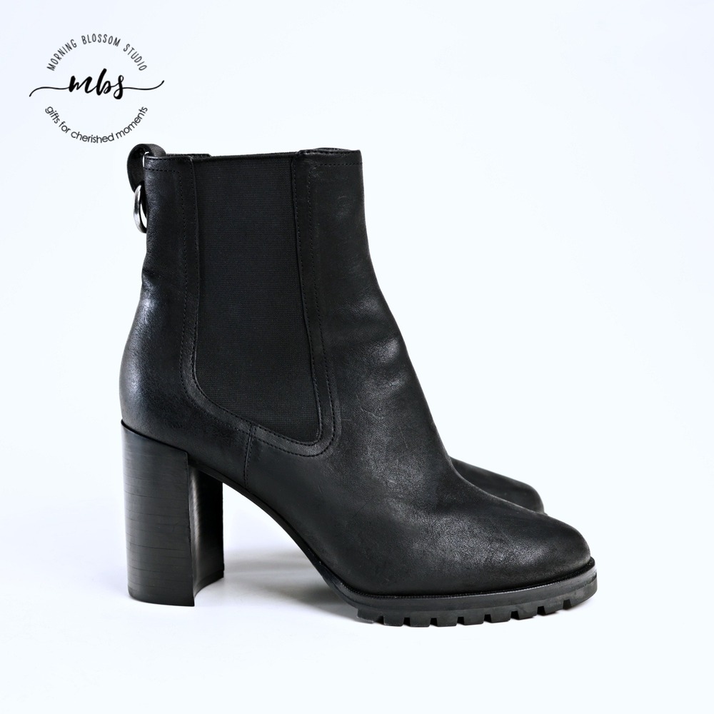 Paige Izzy Almond Toe Leather High Block Heel Lugged Boots Black Silver Women 10
